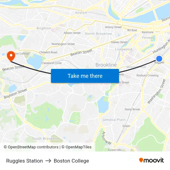 Ruggles Station to Boston College map