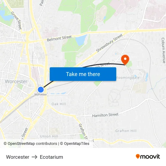 Worcester to Ecotarium map