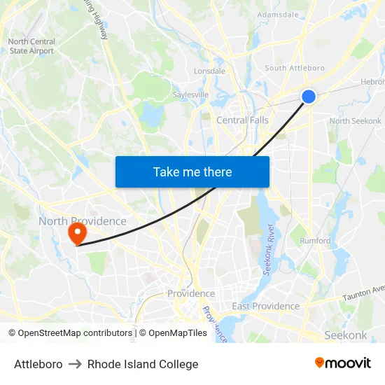 Attleboro to Rhode Island College map