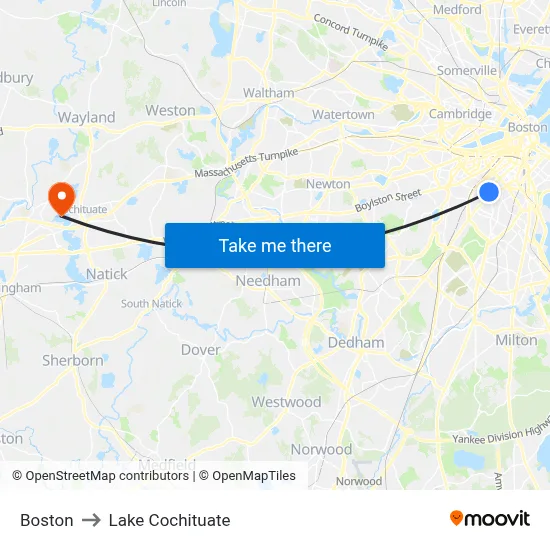 Boston to Lake Cochituate map