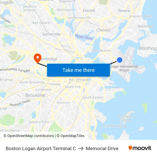 Boston Logan Airport Terminal C to Memorial Drive map