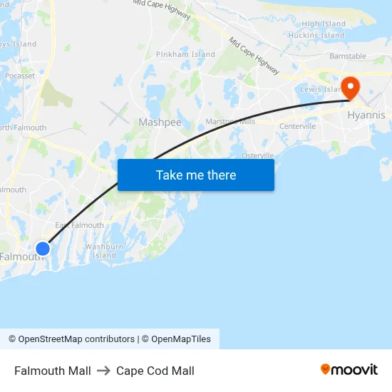 Falmouth Mall to Cape Cod Mall map
