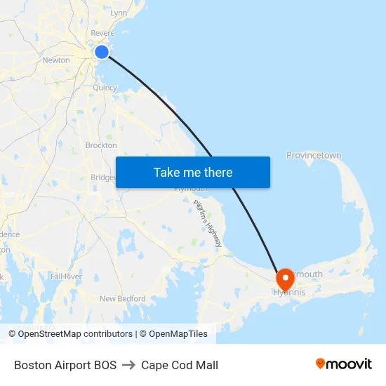Boston Airport BOS to Cape Cod Mall map