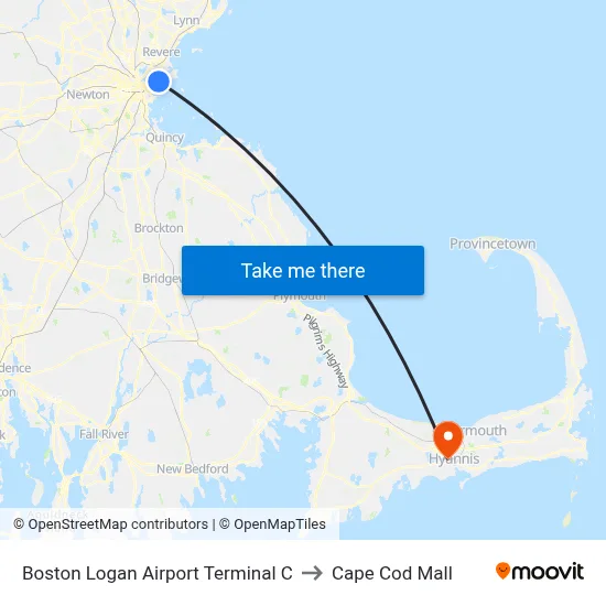 Boston Logan Airport Terminal C to Cape Cod Mall map