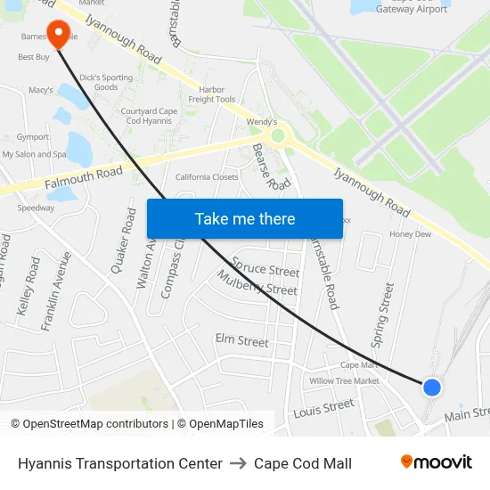 Hyannis Transportation Center to Cape Cod Mall map
