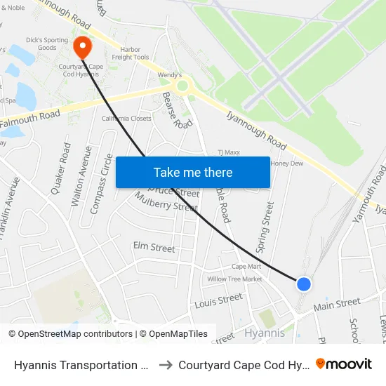 Hyannis Transportation Center to Courtyard Cape Cod Hyannis map