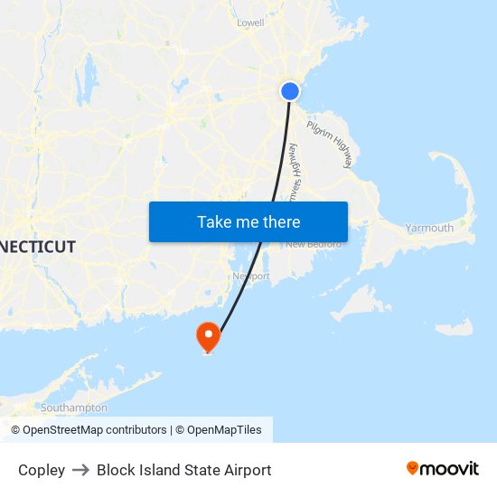 Copley to Block Island State Airport map