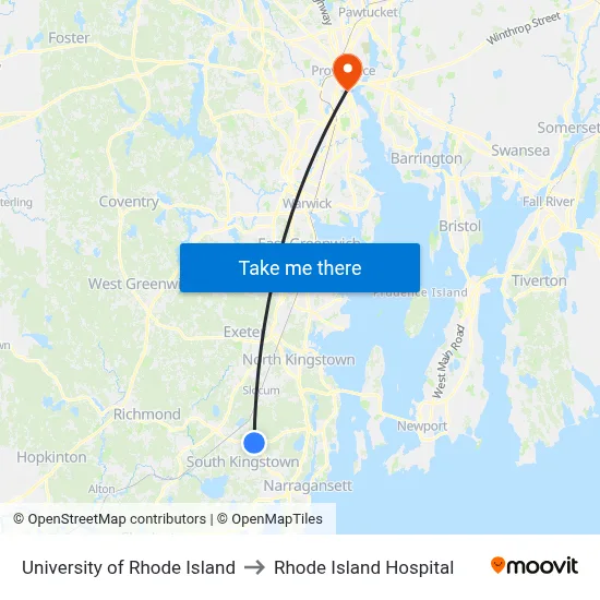 University of Rhode Island to Rhode Island Hospital map