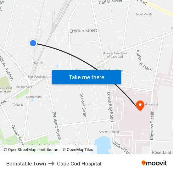 Barnstable Town to Cape Cod Hospital map
