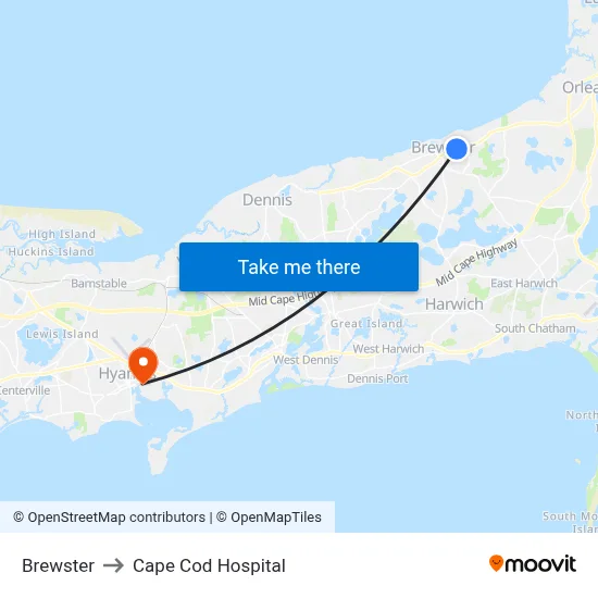Brewster to Cape Cod Hospital map