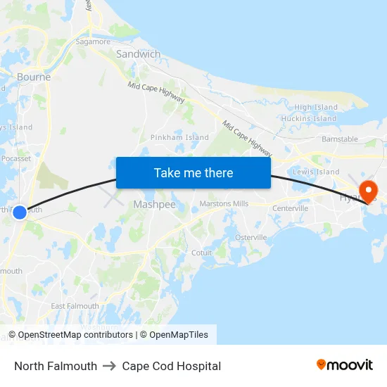 North Falmouth to Cape Cod Hospital map