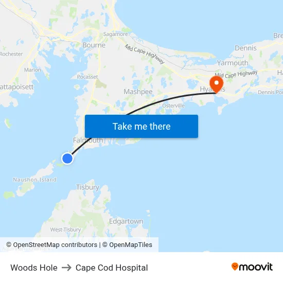 Woods Hole to Cape Cod Hospital map