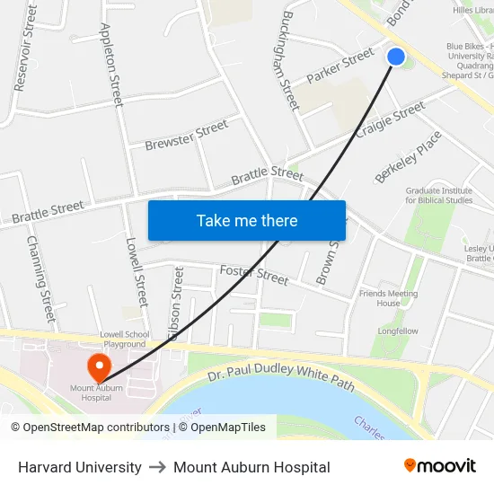 Harvard University to Mount Auburn Hospital map