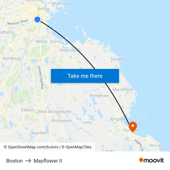Boston to Mayflower II map