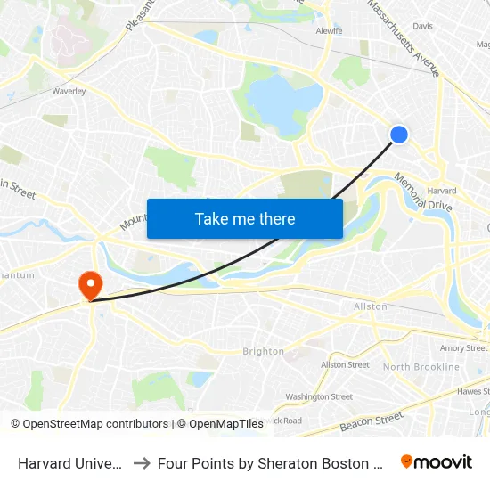 Harvard University to Four Points by Sheraton Boston Newton map