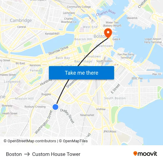 Boston to Custom House Tower map