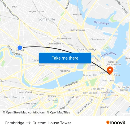 Cambridge to Custom House Tower map