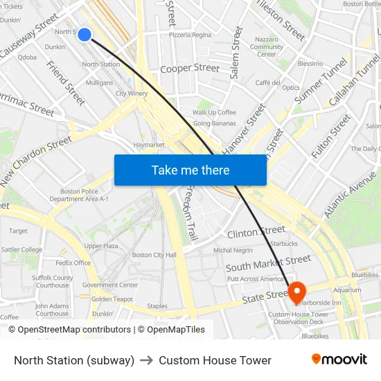 North Station (subway) to Custom House Tower map