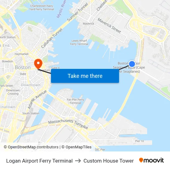 Logan Airport Ferry Terminal to Custom House Tower map