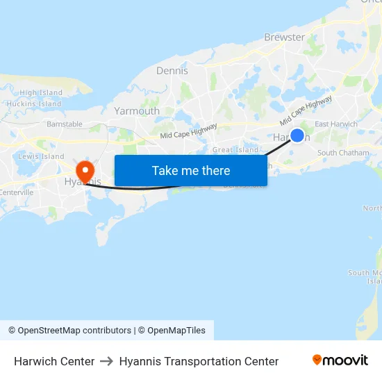 Harwich Center to Hyannis Transportation Center map