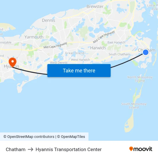 Chatham to Hyannis Transportation Center map