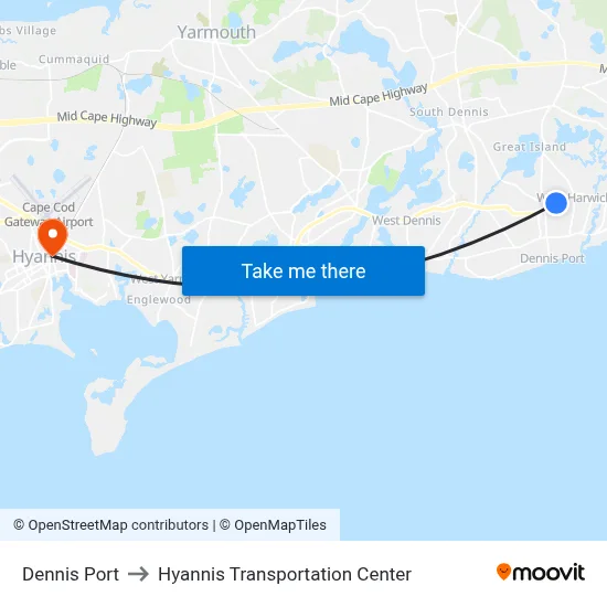 Dennis Port to Hyannis Transportation Center map