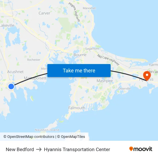 New Bedford to Hyannis Transportation Center map