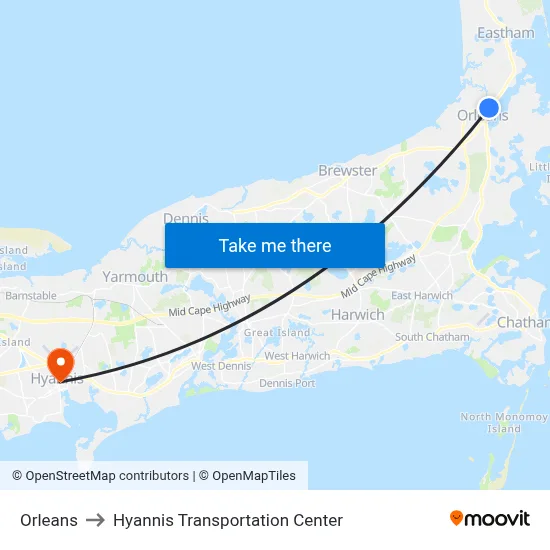 Orleans to Hyannis Transportation Center map