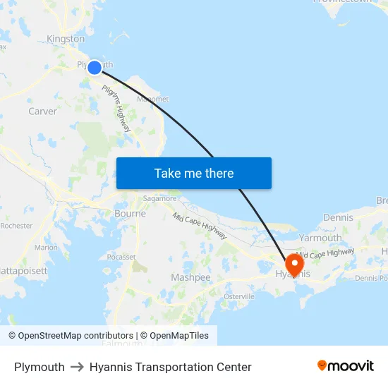 Plymouth to Hyannis Transportation Center map