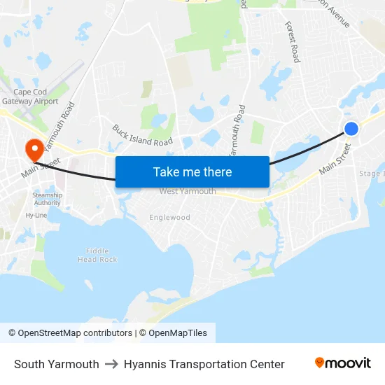 South Yarmouth to Hyannis Transportation Center map