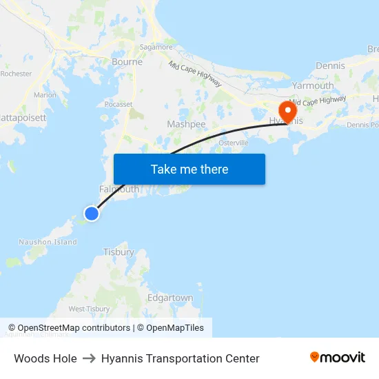 Woods Hole to Hyannis Transportation Center map