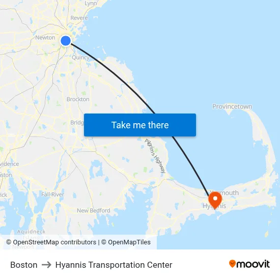 Boston to Hyannis Transportation Center map