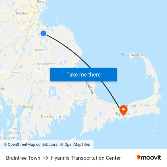 Braintree Town to Hyannis Transportation Center map