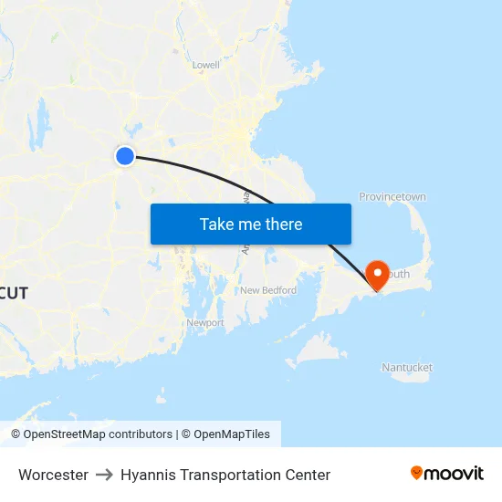 Worcester to Hyannis Transportation Center map