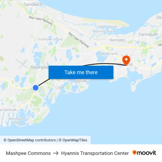 Mashpee Commons to Hyannis Transportation Center map