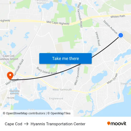 Cape Cod to Hyannis Transportation Center map