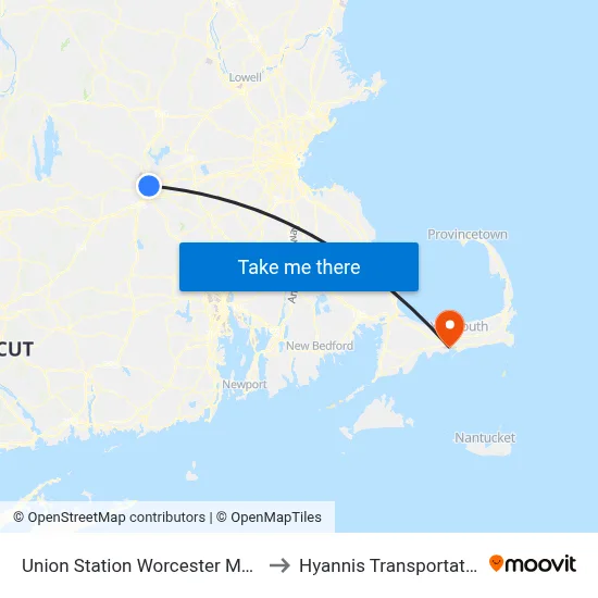 Union Station Worcester Massachusetts to Hyannis Transportation Center map