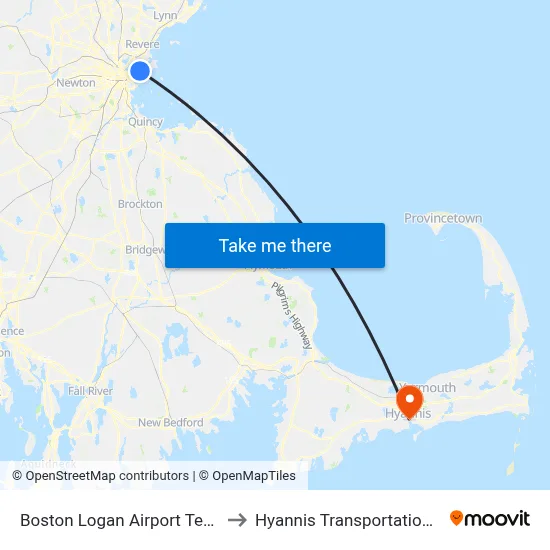 Boston Logan Airport Terminal C to Hyannis Transportation Center map