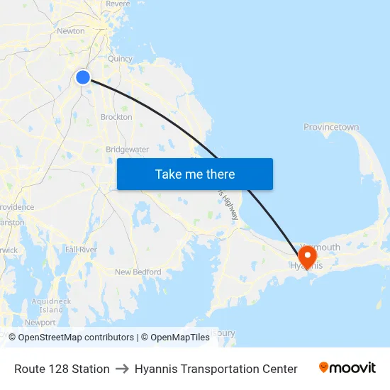 Route 128 Station to Hyannis Transportation Center map