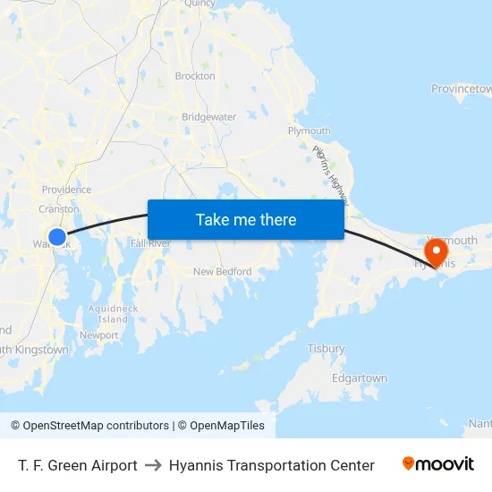 T. F. Green Airport to Hyannis Transportation Center map