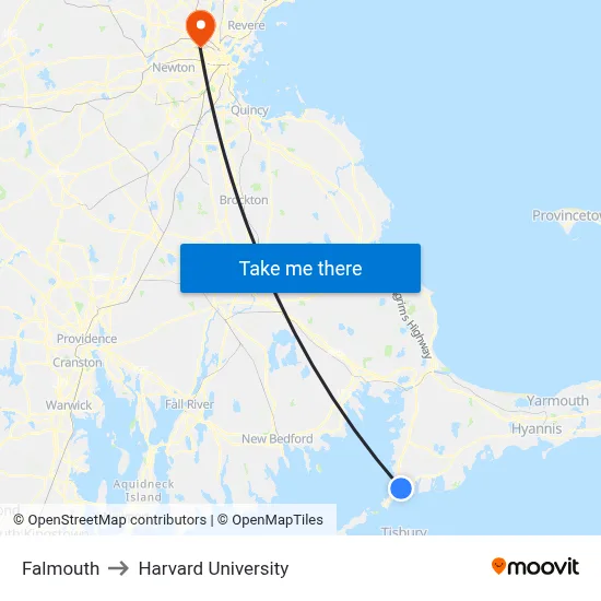 Falmouth to Harvard University map