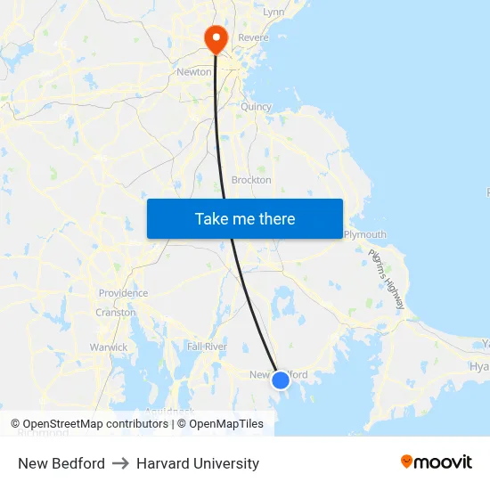 New Bedford to Harvard University map