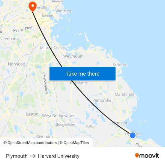 Plymouth to Harvard University map