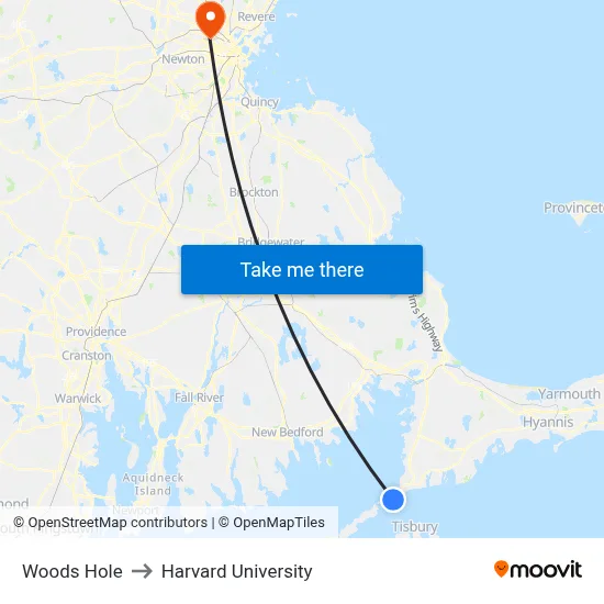 Woods Hole to Harvard University map
