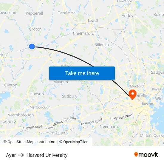 Ayer to Harvard University map