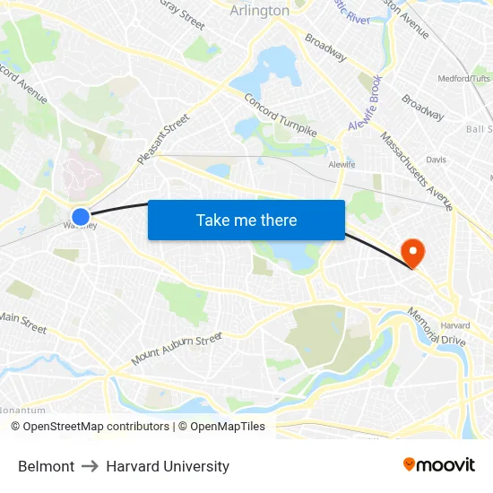 Belmont to Harvard University map