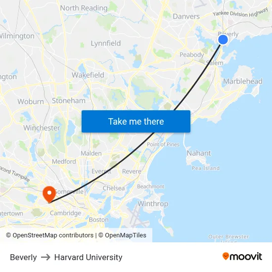 Beverly to Harvard University map