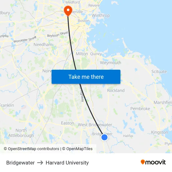 Bridgewater to Harvard University map