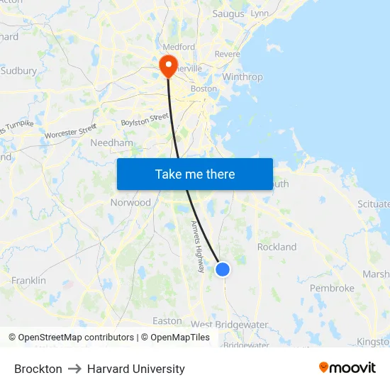 Brockton to Harvard University map