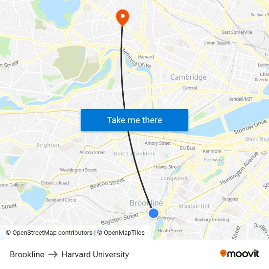 Brookline to Harvard University map